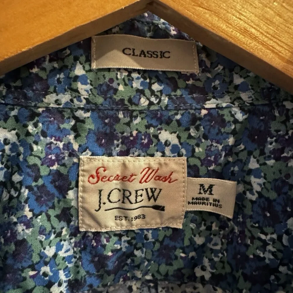 J.Crew Secret Wash Floral Button Down Cotton Shirt Blue Green Classic Fit Medium